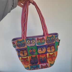 Vintage Laurel Burch Feline Cats Faces Colorful Boho Zip Tote Bag Purse Sequins